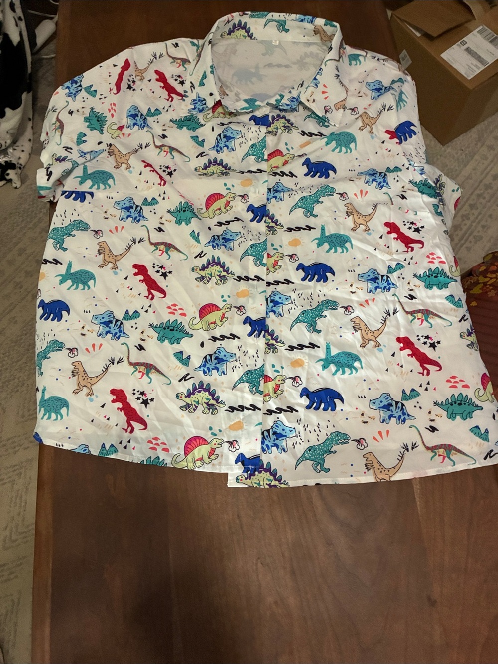 White Short-Sleeve Button-Up Shirt with Colorful Dinosaur Print